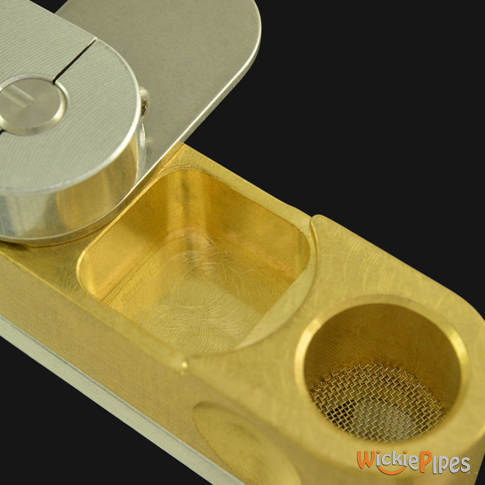 High Tech Pipes - METRO Brass Hand Pipe close view bowl & herb storage | WickiePipes.com