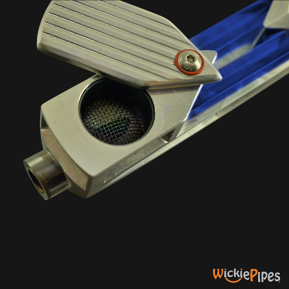 Mori Design - Raydiator Titanium Hand Pipe Blue open lid bowl view | WickiePipes.com